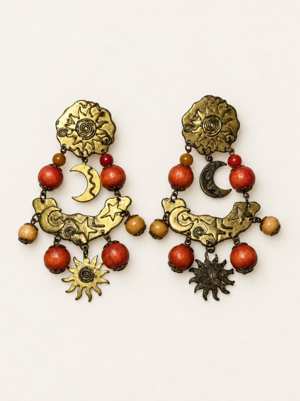 Celestial Sun Moon Star Beaded Statement Dangle Earrings Gold-Tone Boho